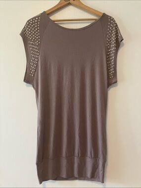 Women's Taupe Y2K Midi Dress with Stud-Embellished Shoulders Made in Italy